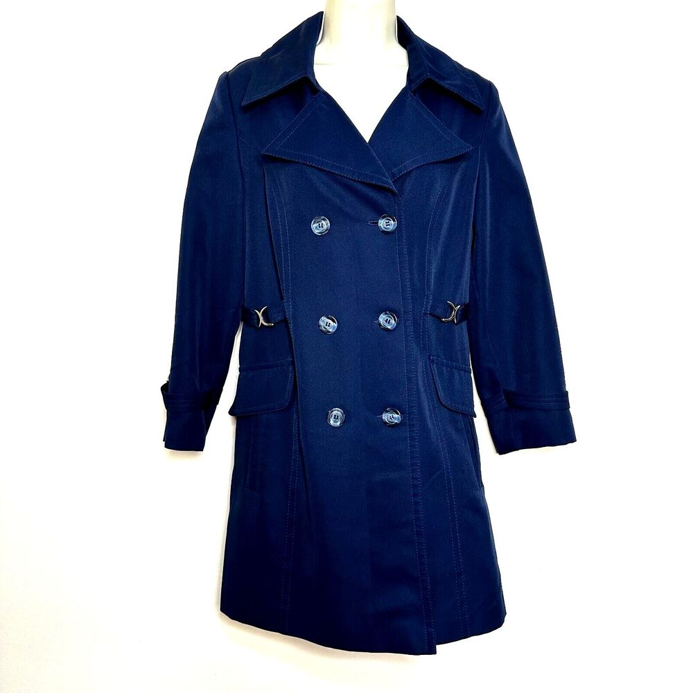 VTG Dumond International Navy Blue Double Breasted Trench Rain Coat Women's S M